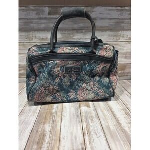 Atlantic Tapestry Floral‎ Satchel Bag Navy Pink Black Leather Trim Top Handle